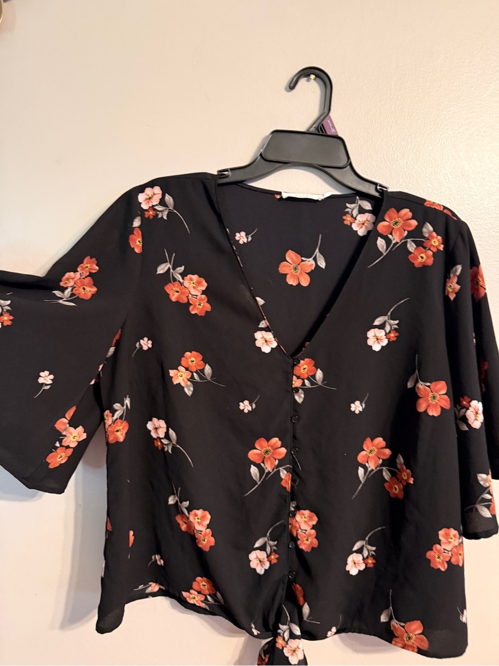 Lush Black Blouse with Orange Floral Print